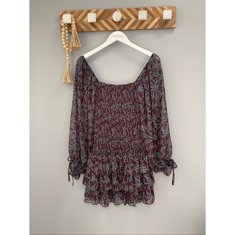 NWT OLIVACEOUS burgundy & teal floral smocked ruffle layered dress Size S